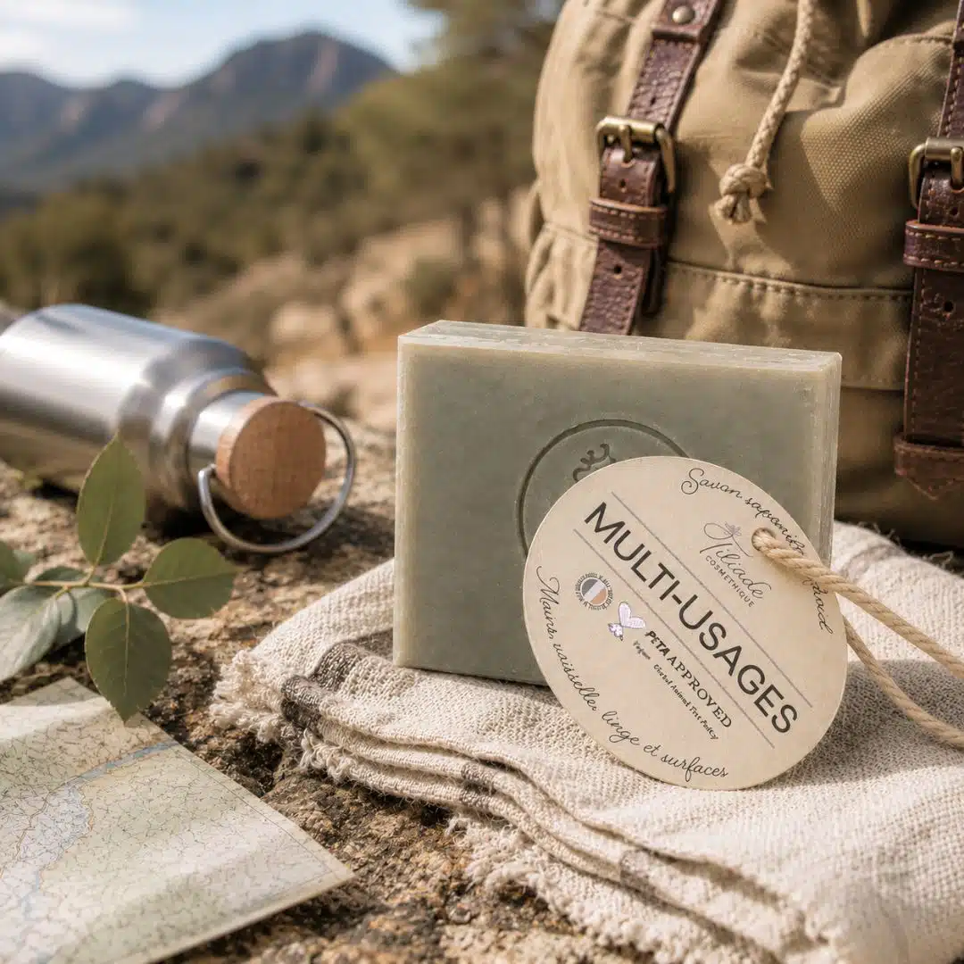 Savon multiusage Tiliade posé sur un rocher avec une gourde en inox et un sac à dos, pratique en randonnée ou en voyage